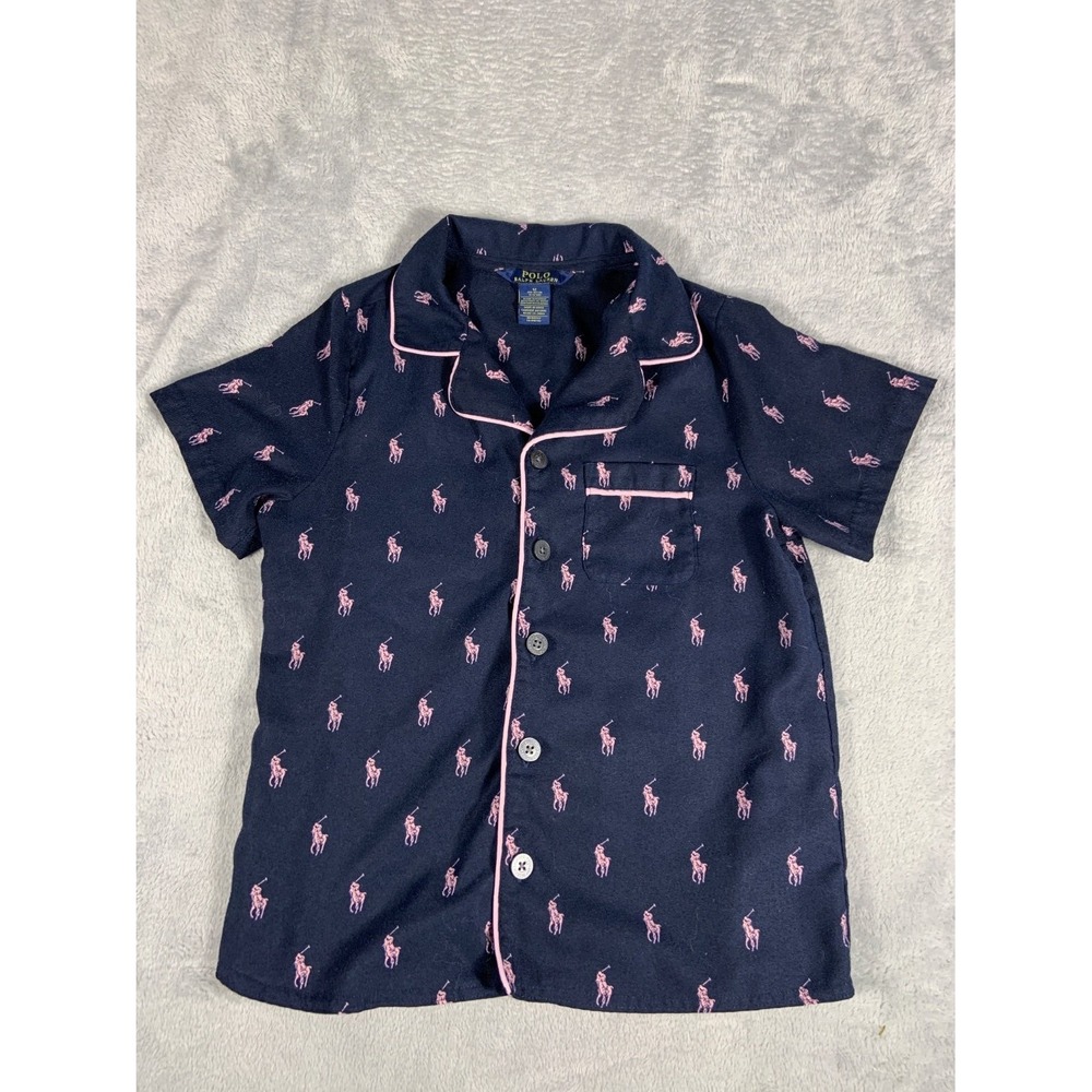 Polo Ralph Lauren Boys Pajama Shirt Size 12 Navy Pink Pony Flame Resistant